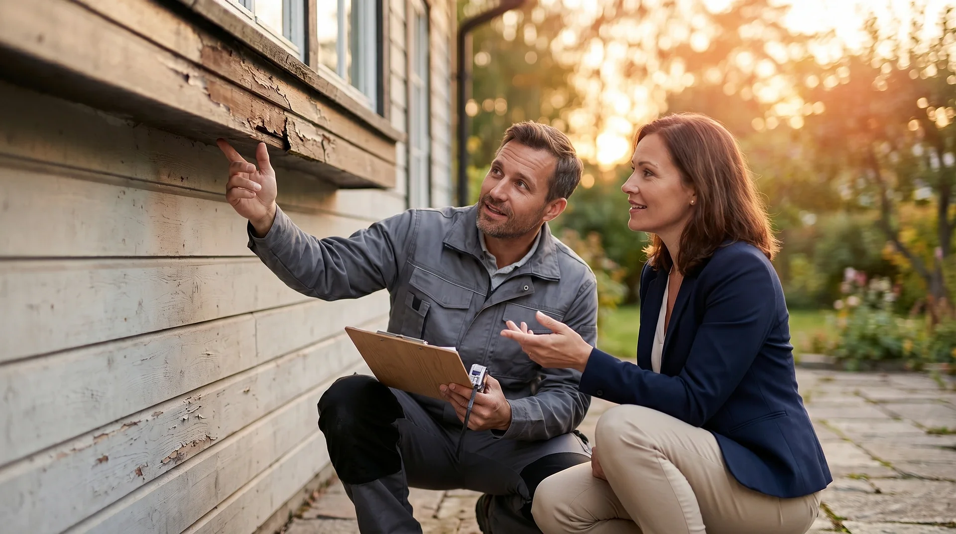 Inspektör och husägare undersöker fasadens skick vid fönster
