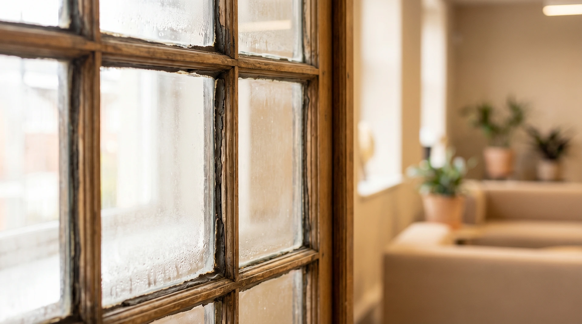 Gammalt träfönster med spröjs och daggdroppar i suddig inomhusmiljö.