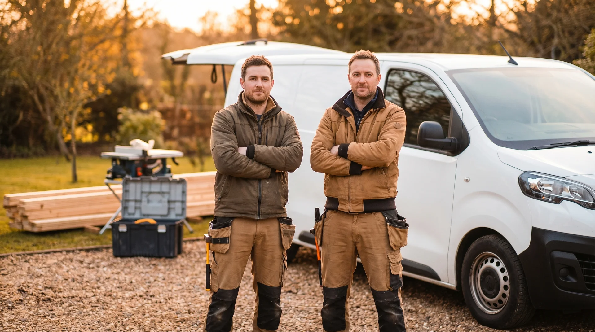 Två hantverkare i arbetsklädsel står framför en vit skåpbil.