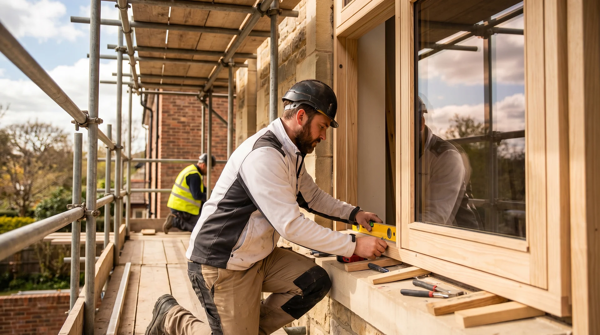 Byggnadsarbetare använder vattenpass vid fönsterinstallation på byggnadsställning.
