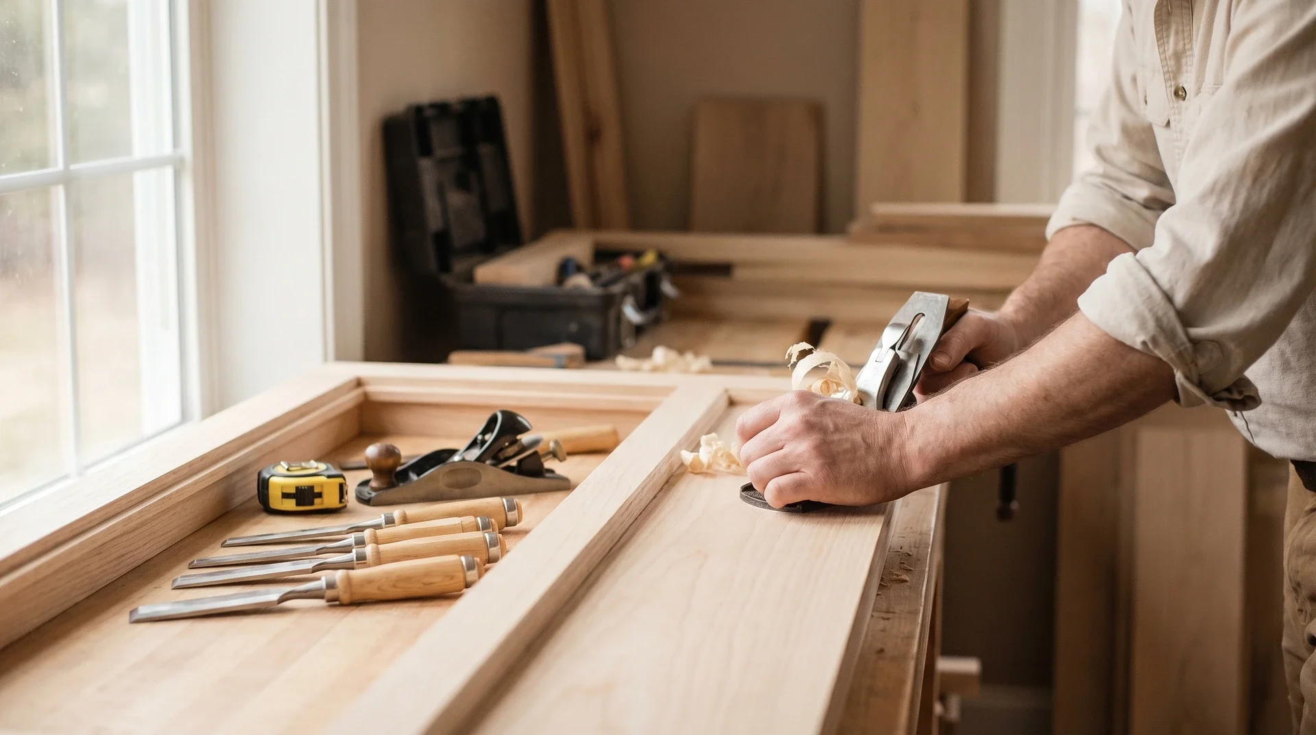 En hantverkare hyvlar en träplanka vid fönstret med verktyg bredvid.