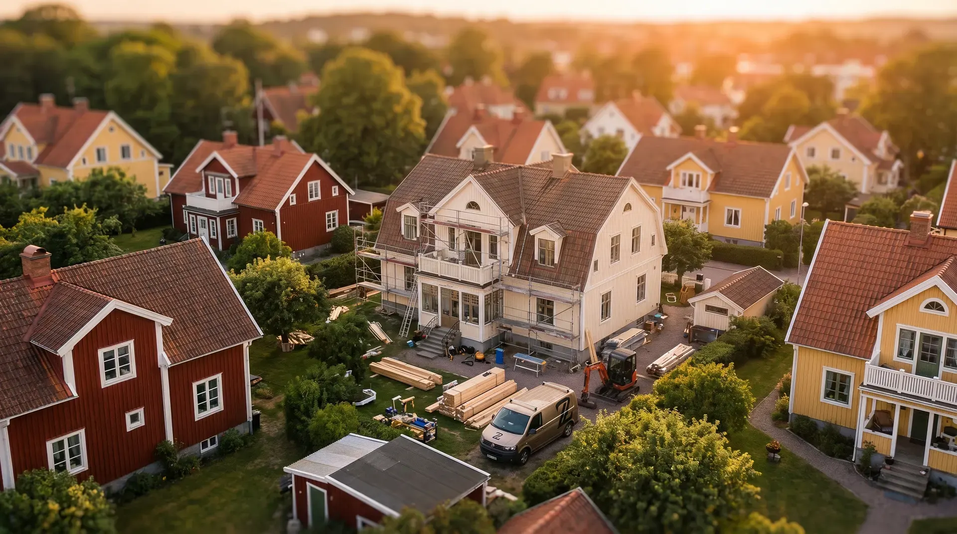 Byggarbetsplats vid flerfamiljshus i bostadsområde med färgglada småhus och grönska.